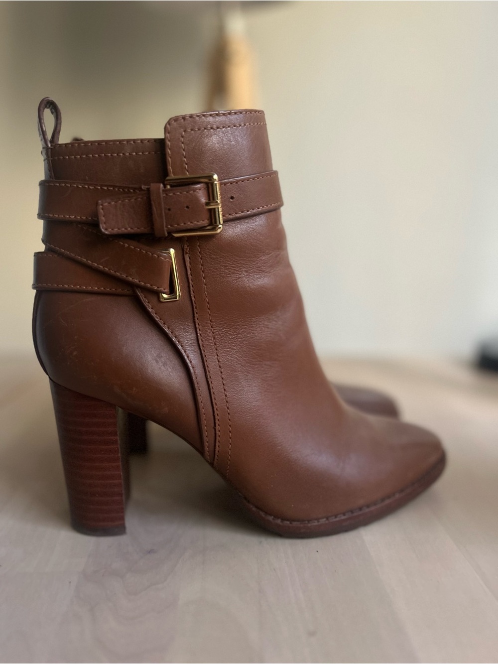Ralph Lauren Brown Leather Strapped Block Heel Ankle Boots